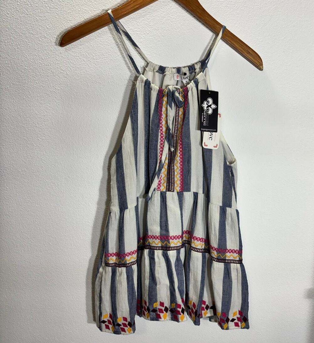 L Love Striped Embroidered Halter Top Small Blue White Boho Tiered